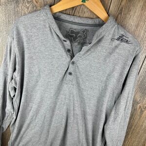 Fox Racing Mens Gray Long Sleeve Henley Shirt Fox Riders Co Graphic Size Large